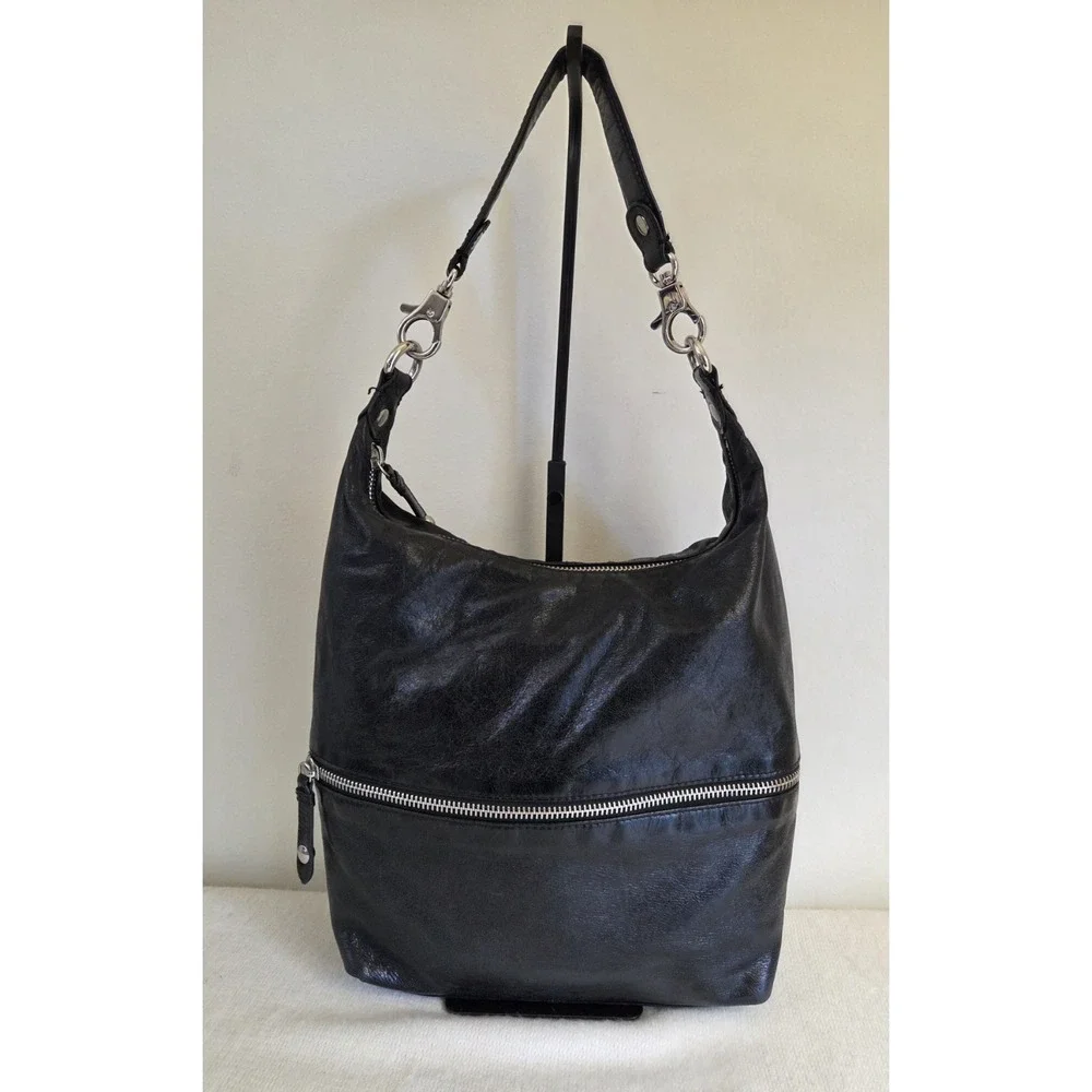 HOBO International Joelle Purse Black Polished Leather Shoulder Bag Silver Hardw